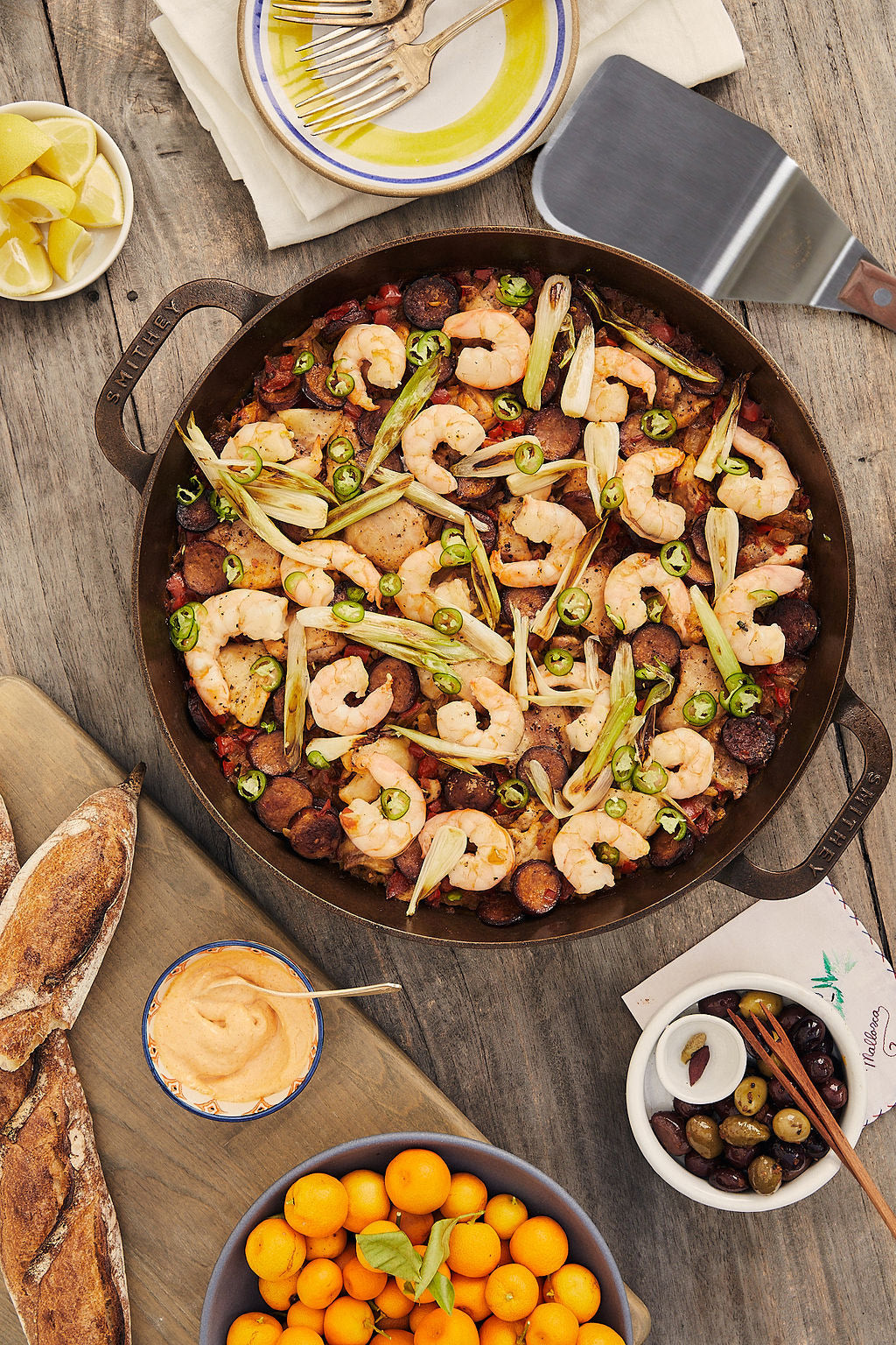 skillet filled with shrimp on table