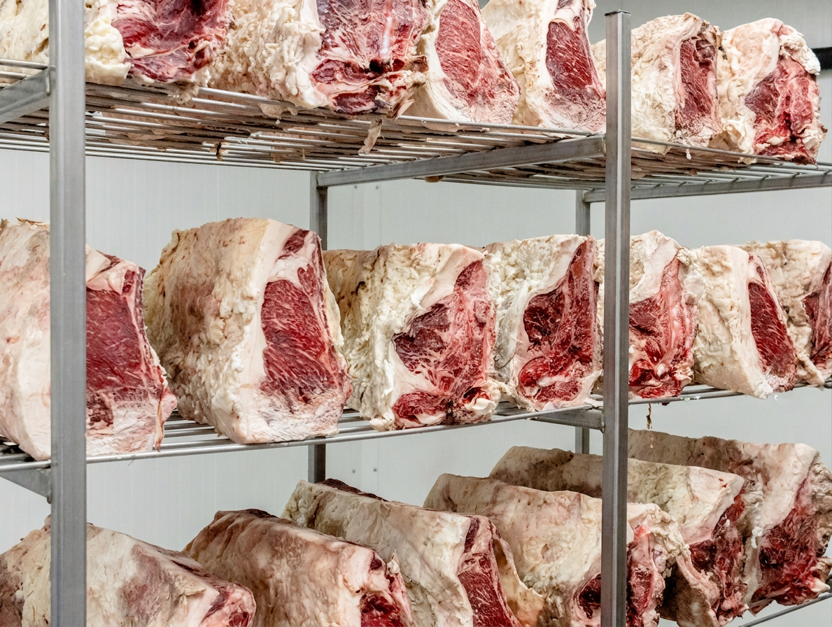 Cuts of beef resting on stainless steel racks at the Porter Road facility